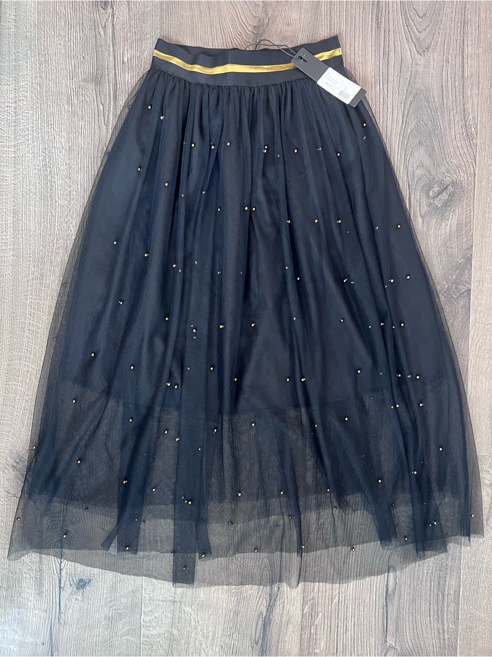 Toi et Moi Black Tulle Midi Skirt with Gold Waistband & beads - small